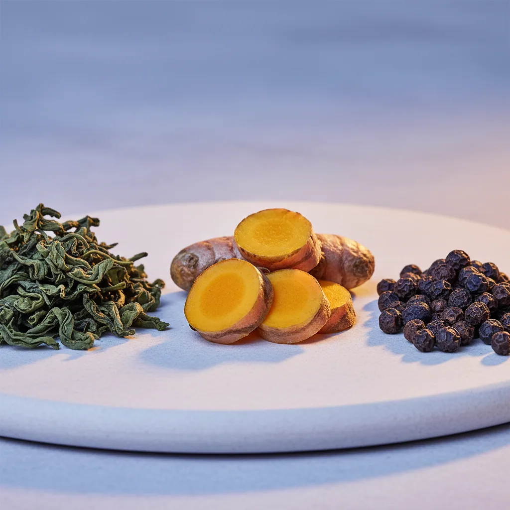 Plantextracten voor metabolisme ondersteunen: groene thee, kurkuma en zwarte peper op stenen ondergrond
