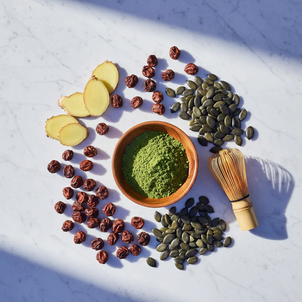 Botanische welzijnsingrediënten: gember, guarana, matcha en pompoenpitten - voedingssupplement voor energieniveau en spijsvertering