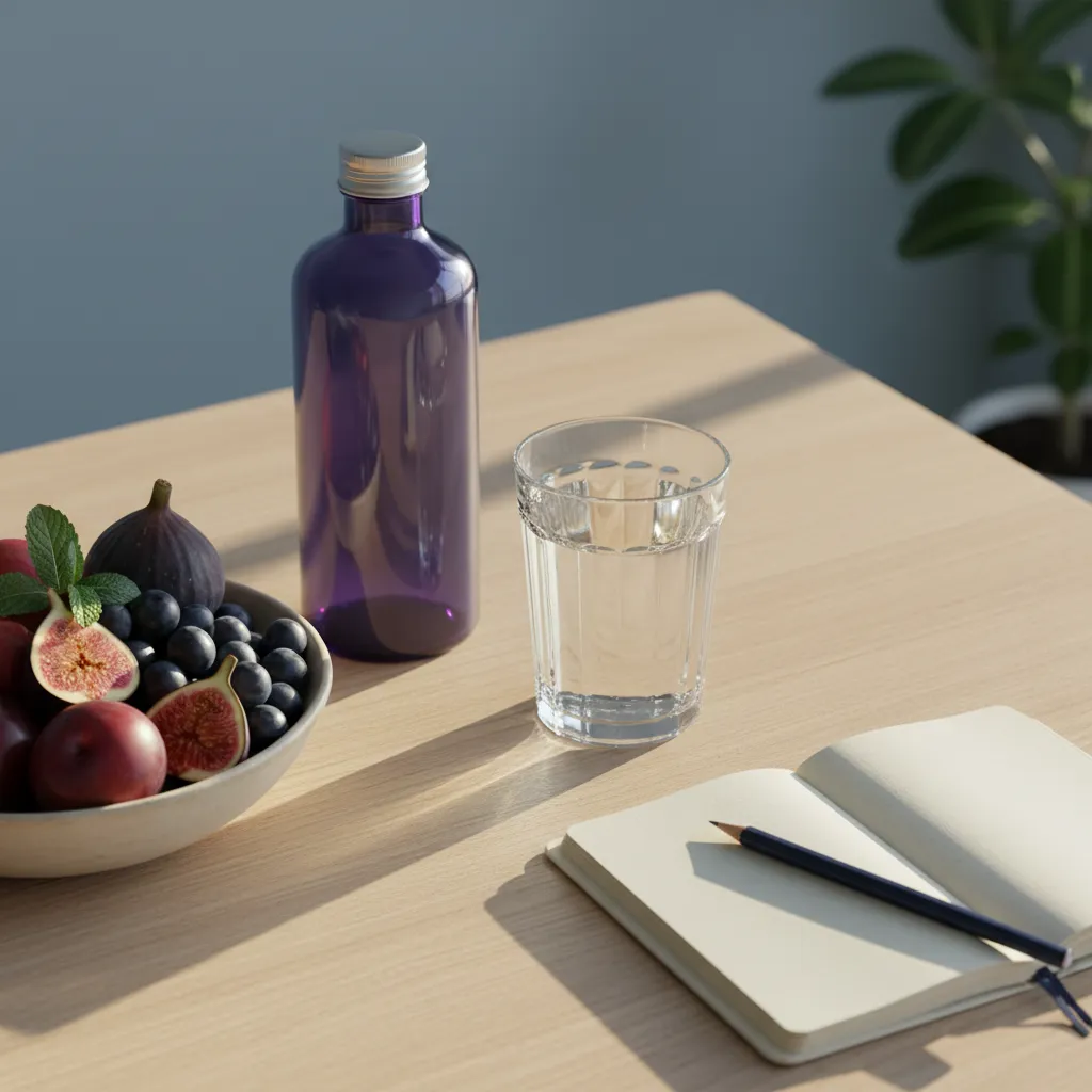 Ontbijttafel met Ozalyn voedingssupplement, glas water en vers fruit - dagelijkse routine met voedingssupplement opbouwen